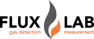 Flux Lab Logo with a stylized flame motif in shades of gray and orange, accompanied by the words 'gas detection' in dark gray and 'measurement' in orange, emphasizing the company's focus on precision in gas detection and measurement services.