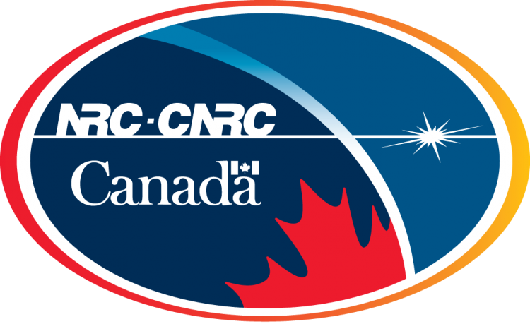 Oval-shaped logo of the National Research Council Canada with 'NRC-CNRC' inscribed above the silhouette of a maple leaf, against a backdrop of dark blue and red with a white starburst, symbolizing the organization's focus on innovation and research in Canada.